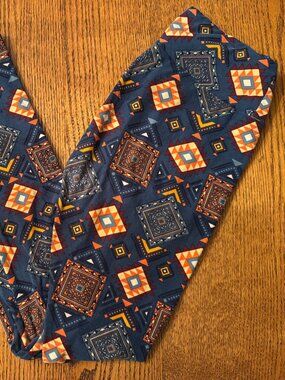 LuLaRoe OS Leggings Geometric Aztec Print Blue Orange Buttery Soft Stretch